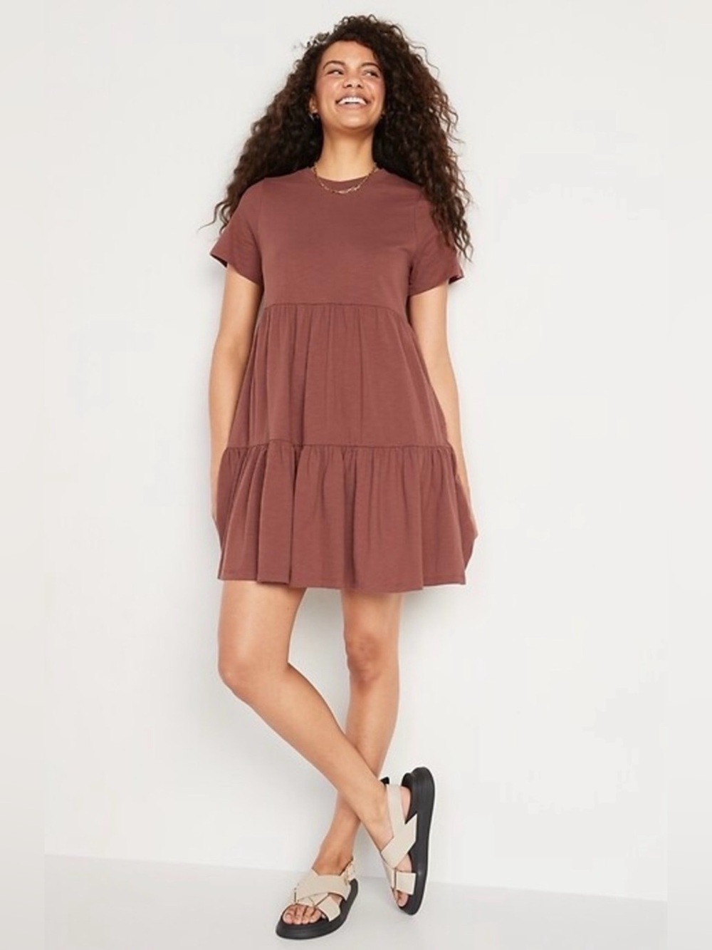 Old Navy Tiered Short Sleeve Swing Dress in Dusty Rose